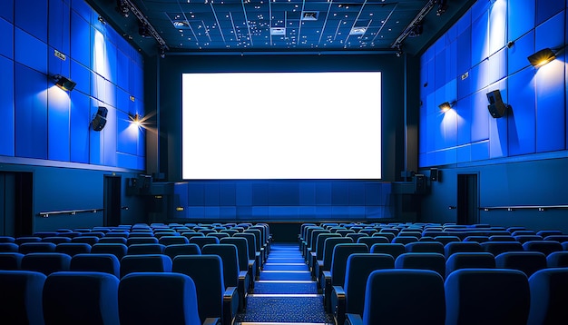 Vacío de cine en color azul con pantalla blanca en blanco