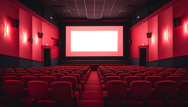 Vacío de cine en color rojo con pantalla blanca en blanco