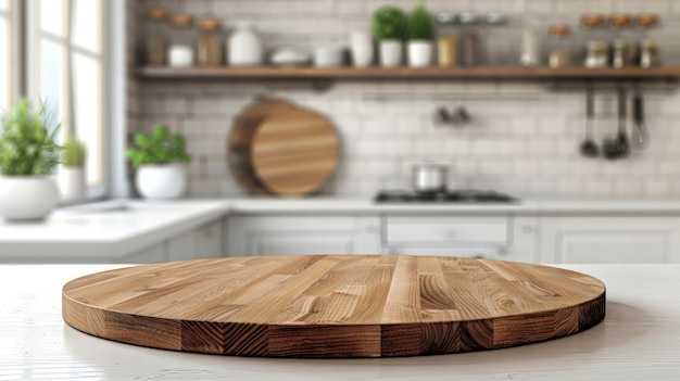 Vacío hermoso mostrador de mesa de madera redonda en el interior en el fondo de la cocina limpia y brillante listo para la exhibición