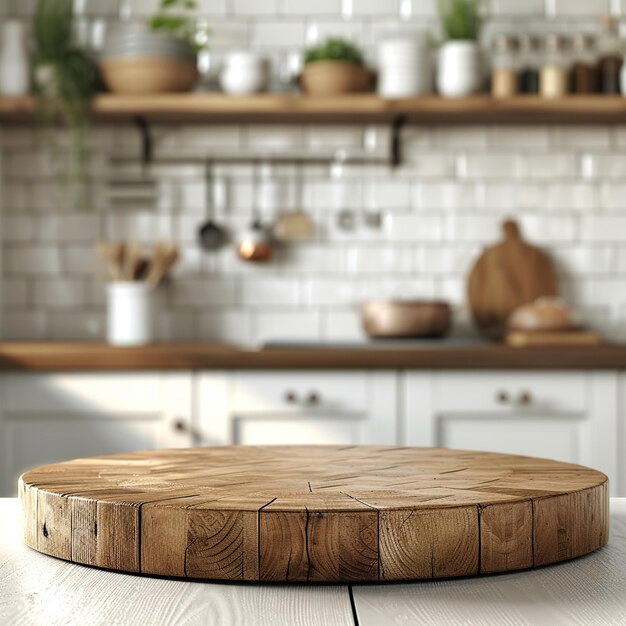 Vacío hermoso mostrador de mesa de madera redonda en el interior en el fondo de la cocina limpia y brillante