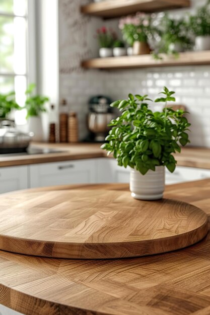 Vacío hermoso mostrador de mesa de madera redonda en el interior en el fondo de la cocina limpia y brillante