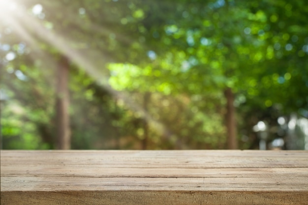 Vacío de la mesa de madera en la falta de definición del extracto verde fresco del jardín con la luz del sol.