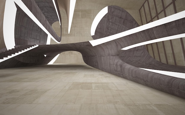 Vacío oscuro abstracto hormigón y madera interior liso Antecedentes arquitectónicos Ilustración 3D