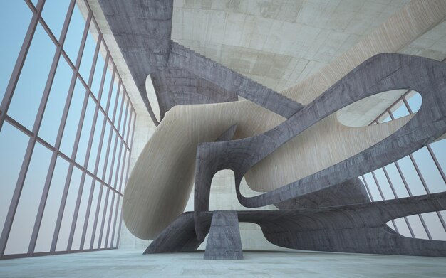 Vacío oscuro abstracto hormigón y madera interior liso Antecedentes arquitectónicos Ilustración 3D