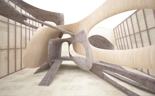 Vacío oscuro abstracto hormigón y madera interior liso Antecedentes arquitectónicos Ilustración 3D