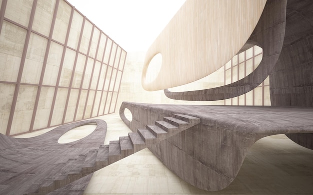 Vacío oscuro abstracto hormigón y madera interior liso Antecedentes arquitectónicos Ilustración 3D