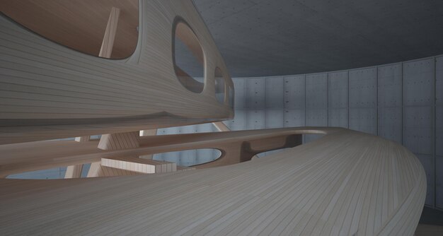 Vacío oscuro abstracto hormigón y madera interior liso Antecedentes arquitectónicos Ilustración 3D