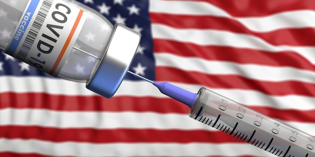 La vacuna contra el coronavirus Sputnik V de los Estados Unidos de América, la bandera de Estados Unidos, el fondo, la ilustración 3D.