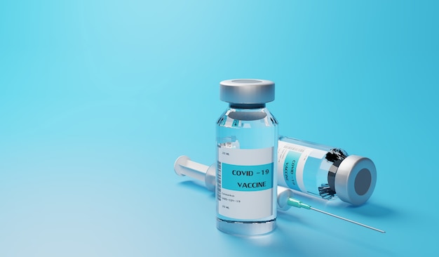 Vacuna COVID 19 sobre fondo azul, renderizado de ilustraciones 3D