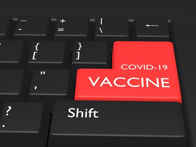 Vacuna covid-19 de texto en el teclado de la computadora. Concepto de vacunación contra el coronavirus. Representación 3d