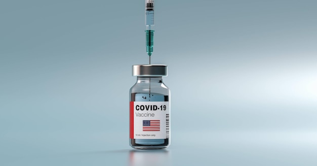 Vacuna y jeringa de ARNm de coronavirus COVID-19 con bandera de EE.UU. América en la etiqueta. Imagen conceptual para la pandemia de infección por SARS cov 2