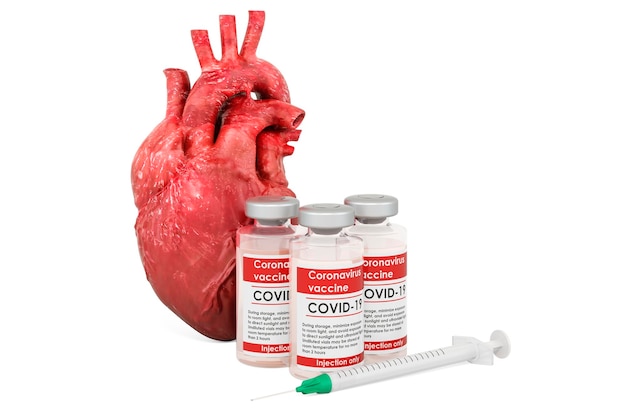 Vacuna y jeringa con renderizado 3D de corazón