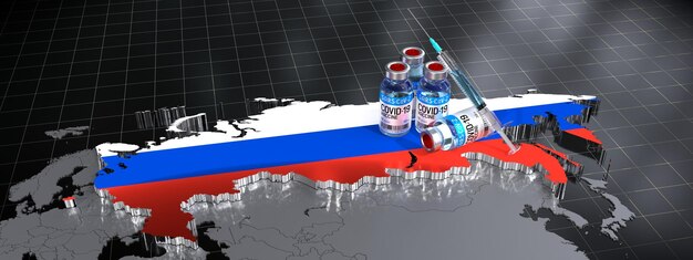 Vacunación contra el coronavirus Covid 19 SARS CoV 2 en Rusia ampollas en forma de país jeringa ilustración 3D