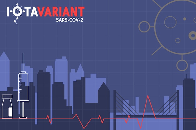 Foto vacunación variante sars-cov-2 iota. estilo plano, concepto de vacunación, ilustración de la ciudad