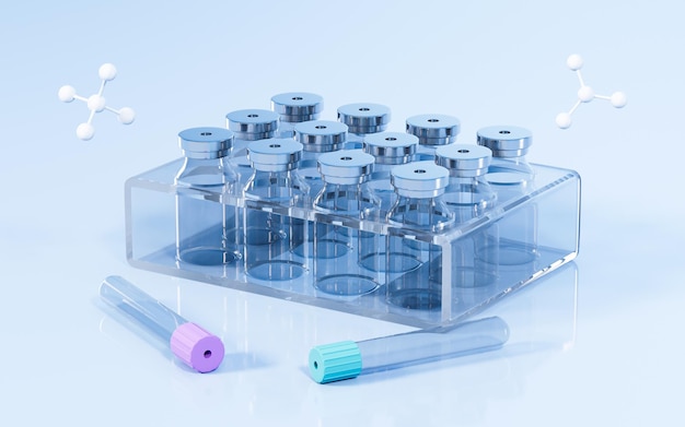Vacunas y moléculas en el concepto de laboratorio de medicina representación 3d