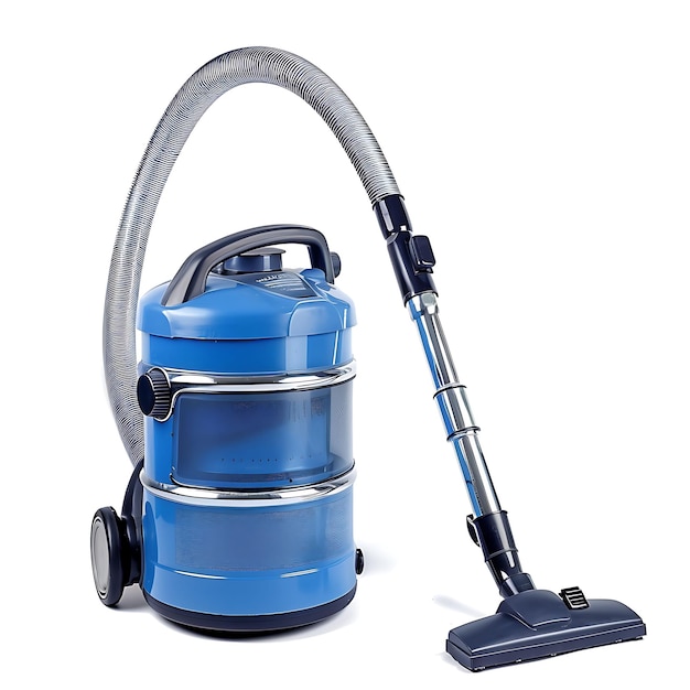 Vacuum de tienda con cuerpo de plástico azul una herramienta utilizada para limpiar D aislado limpio en blanco BG Diseño de artículos