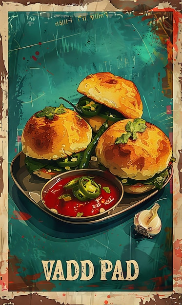 Vada Pav cartel de bocadillos con chiles verdes y ajo fresco e ilustración comida bebida sabores indios