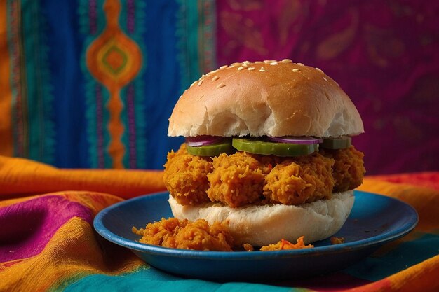 Vada Pav contra um fundo de tecido indiano colorido