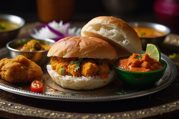 Foto vada pav em um thali tradicional indiano