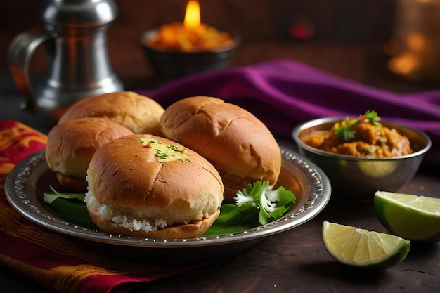 Vada Pav organizado em uma configuração de refeição tradicional indiana