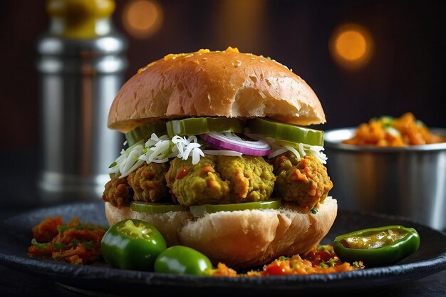 Vada Pav con pimientos verdes en el lado