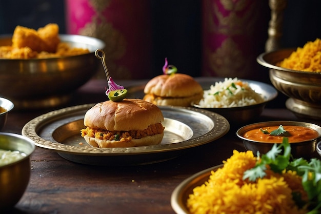 Foto vada pav servido em um tradicional thali de latão indiano