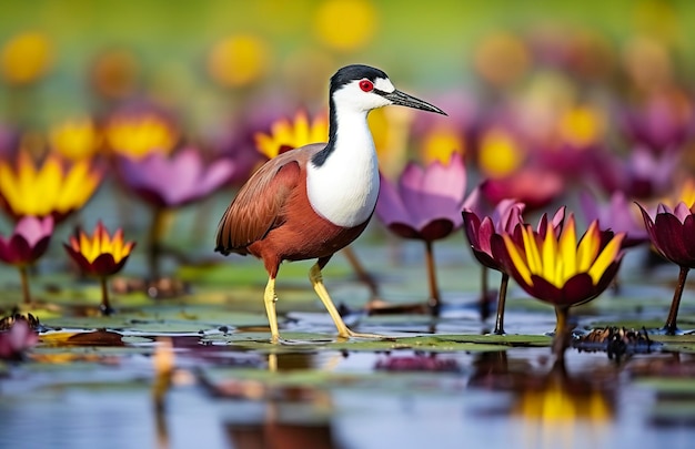 Vadeador africano colorido con dedos largos junto a un lirio de agua violeta en el agua