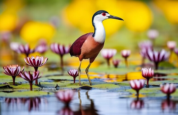 Vadeiro africano colorido com dedos longos ao lado de lírio d'água violeta na água IA generativa