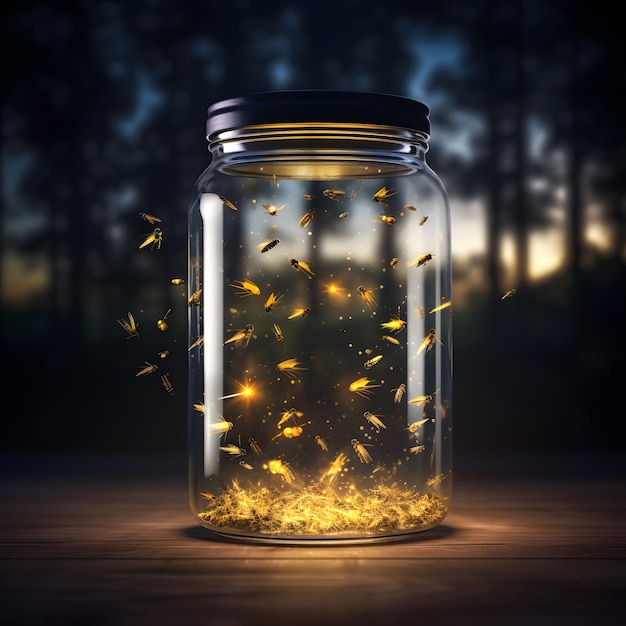 Foto vaga-lumes em uma jarra jarra noturna piscando