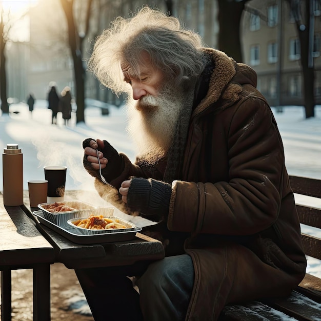 Un vagabundo sin hogar hombre miserable comiendo en el parque sentado en una mesa de madera