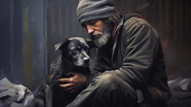 Un vagabundo con un perro se sienta en la calle.