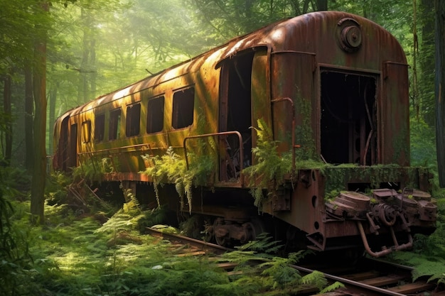 vagão de trem enferrujado descarrilado em um cenário florestal