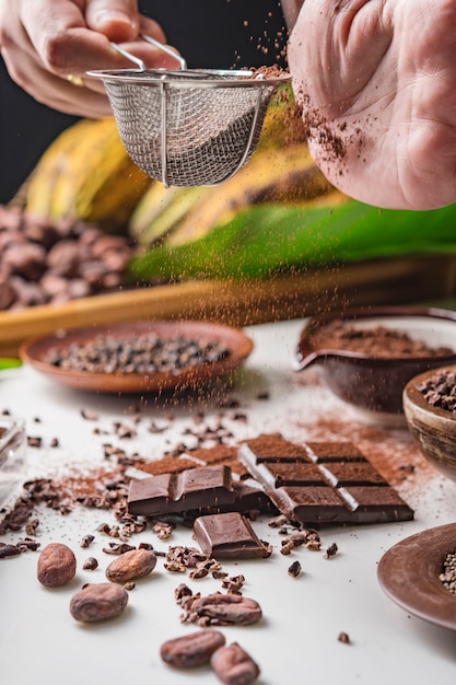 Vagens de cacau, pedaços de barra de chocolate, cacau em pó