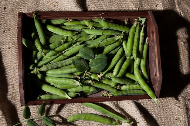 Vagens de ervilha verde fresca em bandeja de madeira em estilo rústico