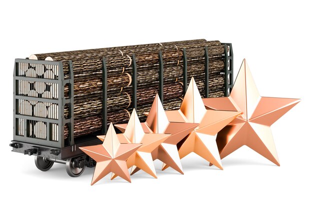 Vagón de carga lleno de troncos de madera con cinco estrellas doradas en 3D