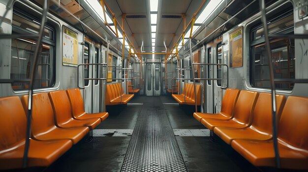 Un vagón de metro abandonado con asientos naranjas brillantes generado por Ai