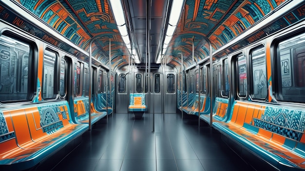 Un vagón de metro lleno de asientos naranja y azul