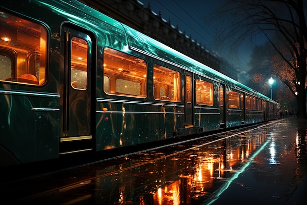 vagones de un tren moderno en una plataforma en un estadio por la noche