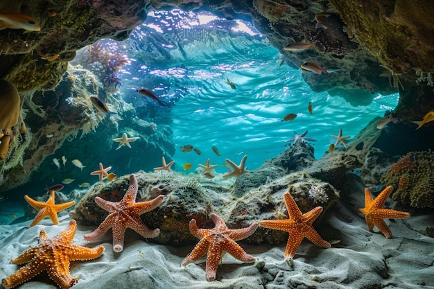 Vagueie pelas alcovas escondidas onde as estrelas-de-mar adornam os corais.