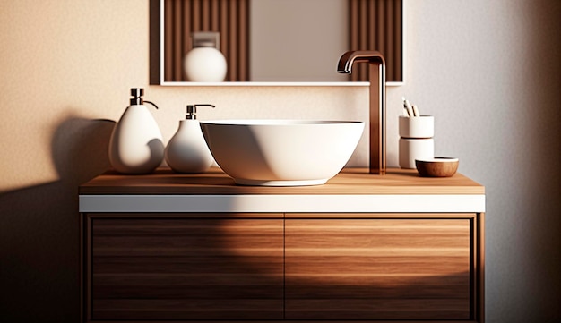 Vaidade de madeira com pia de cerâmica branca e torneira de estilo moderno no banheiro Generative Ai