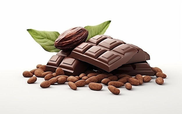 Vaina de cacao y chocolate sobre fondo blanco Ilustración 3D