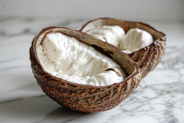 Foto una vaina de cacao dividida que muestra su pulpa blanca cremosa en una superficie de mármol