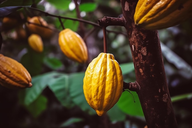 Foto vaina de cacao en la rama de un árbol