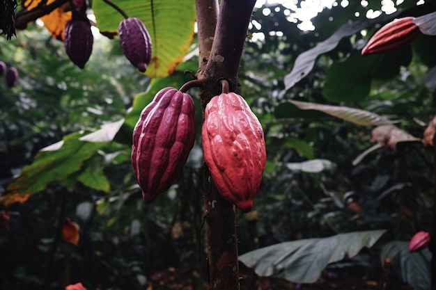 La vaina de cacao roja en el árbol en el campo cacao theobroma cacao l es un árbol cultivado en plantaciones