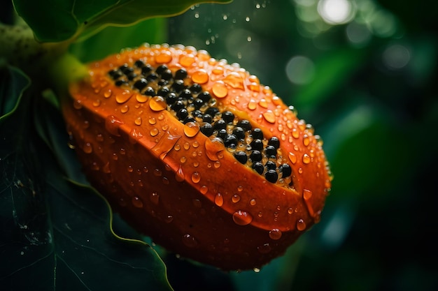 Una vaina de semillas rojas con gotas de agua