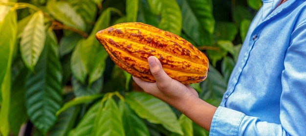 Vainas de cacao maduras amarillas agrícolas en manos de un niño agricultor cosechado en una plantación de cacao