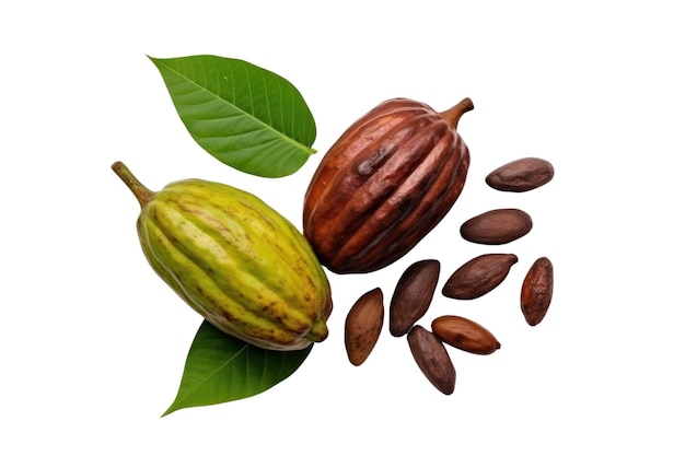 Vainas de cacao y pila de frijoles aislado sobre fondo blanco.