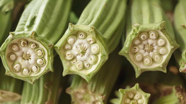 Las vainas de okra verdes cortadas por la mitad muestran el interior blanco con semillas inmaduras