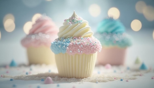 Vainilla Bean Cupcakes Blanco Rosa Azul Mágico Fantasía Bokeh IA generativa