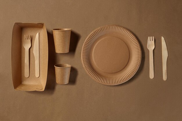 Vajilla desechable ecológica, platos artesanales biodegradables, concepto de reciclaje también utilizado en fast foo